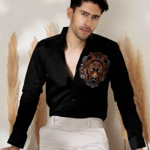 Foomer black lion embroidered club wear satin cotton shirt