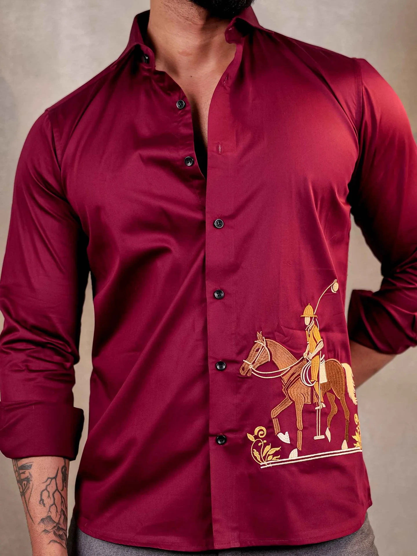 Maroon Rider embroidered luxury satin cotton men's shirt - Image 3