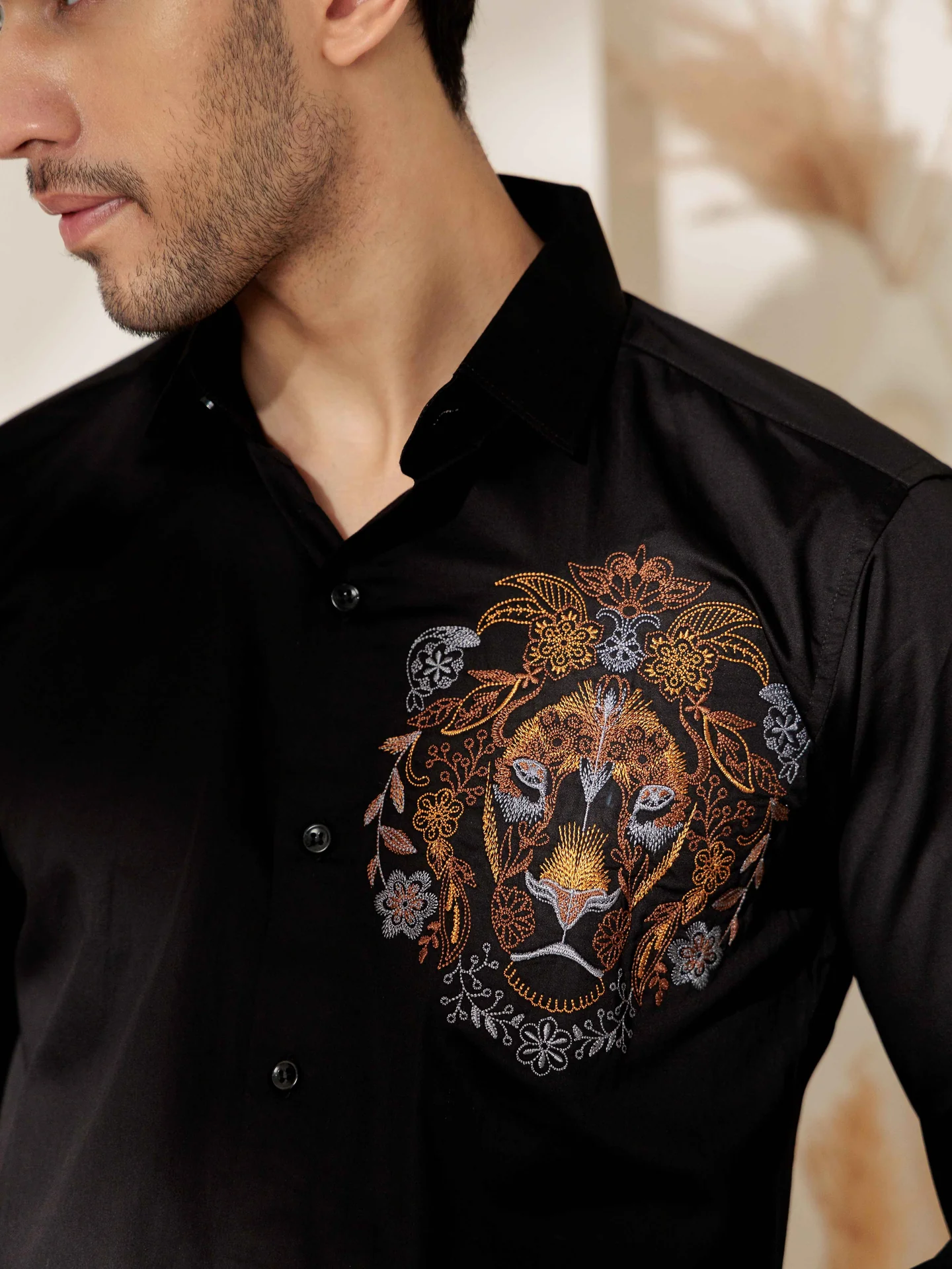 Black lion embroidered club wear satin cotton shirt - Image 2