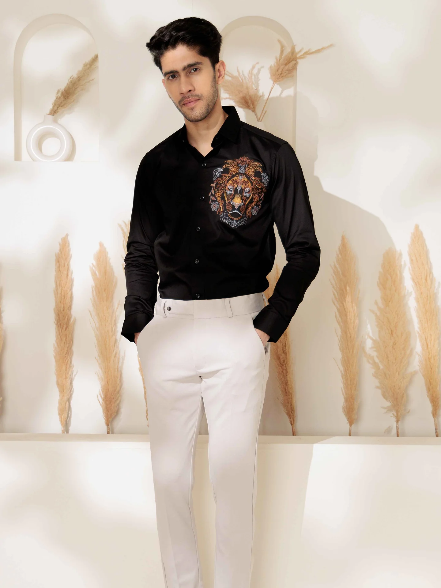 Black lion embroidered club wear satin cotton shirt - Image 3