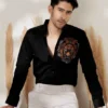 Black lion embroidered club wear satin cotton shirt