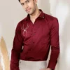 Maroon rhinestone hand work satin cotton premium shirt for men