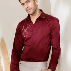 Maroon rhinestone hand work satin cotton premium shirt for men